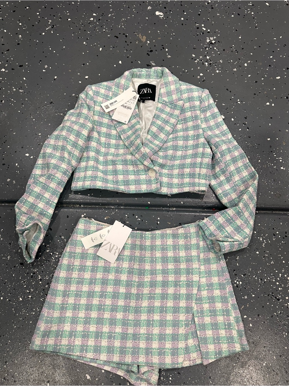 Zara Pastel Plaid Cropped Jacket & Skort Set - Mint & Pink
